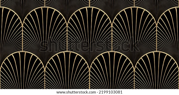 Seamless golden Art Deco scallop palm fan\
line pattern. Vintage abstract geometric gold plated high relief\
sculpture on dark black background. Modern elegant metallic luxury\
backdrop. 3D\
rendering\
