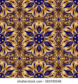 Seamless golden ornament in arabian style on a blue background. Pattern for wallpapers, backgrounds, flyers or wrapping paper. Seamless pattern with damask ornament.