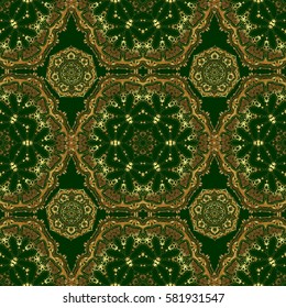 Seamless golden ornament. Modern geometric seamless pattern with gold repeating elements on a green background.