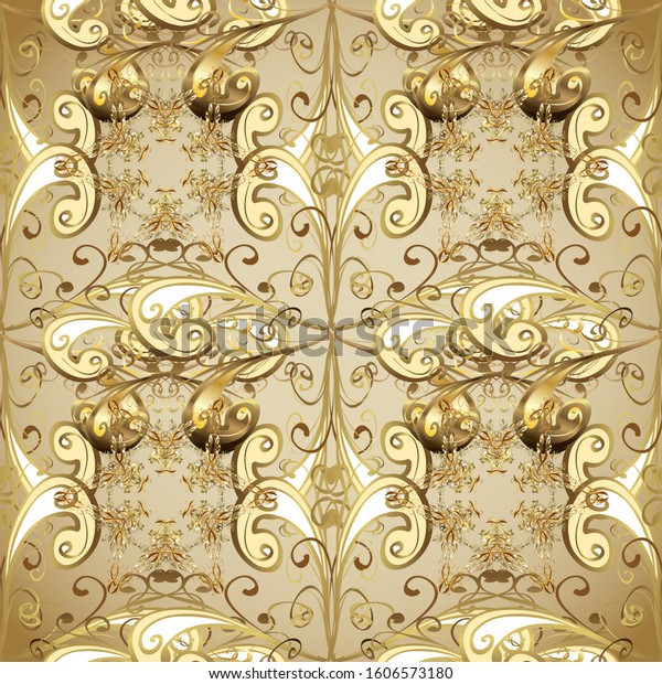 Seamless golden pattern. Neutral and\
beige colors with golden elements. Gold metal with floral pattern.\
Golden floral ornament brocade textile and glass\
pattern.
