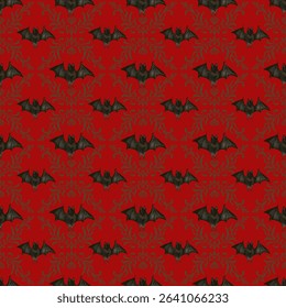 Seamless gothic pattern with black bats and ornate damask elements on a blood-red background. Perfect for Halloween, dark fantasy themes, and spooky decorative designs