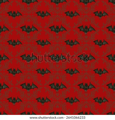 Seamless gothic pattern with black bats and ornate damask elements on a blood-red background. Perfect for Halloween, dark fantasy themes, and spooky decorative designs