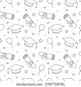 Seamless graduation pattern with diploma scrolls, graduation caps, balloons, and stars in black outline style on a light background. Educational celebration illustration perfect for wrapping paper, textile prints, wallpapers, school decorations, stationery, scrapbook projects, and graduation-themed designs.