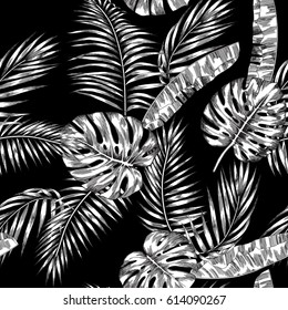 Seamless Graphical Artistic Black And White Tropical Foliage Pattern, Modern Tropic Background Allover Print Design. Philodendron, Monstera Leaves, Areca Palm Leaves, Banana Leaves.