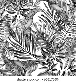 seamless graphical black and white hand drawn charcoal tropical pattern, tropic plants, monstera leaf, areca palm, banana leaves.