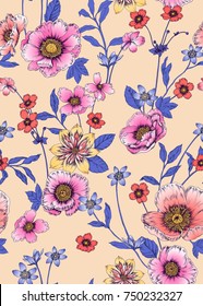 seamless graphical delicate floral pattern, fantasy flowers, peony, poppy, leaves.