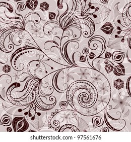 Seamless gray and brown floral pattern with transparent vintage flowers