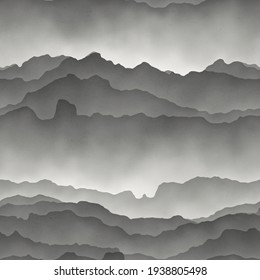 Seamless Gray Mountains Fading Into Fog. High Quality Illustration. Gorgeous Abstract Mountain Range Print For Surface Design. Seamless Repeat Raster Pattern Swatch. Grey Paper Texture Overlay.