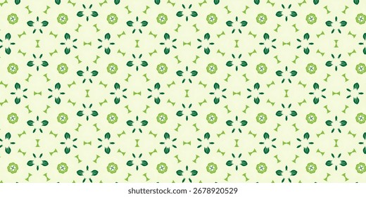 Seamless green leaf pattern with geometric floral symmetry on a light pastel background. The abstract botanical design creates a natural and eco-friendly aesthetic, perfect for product packaging, text