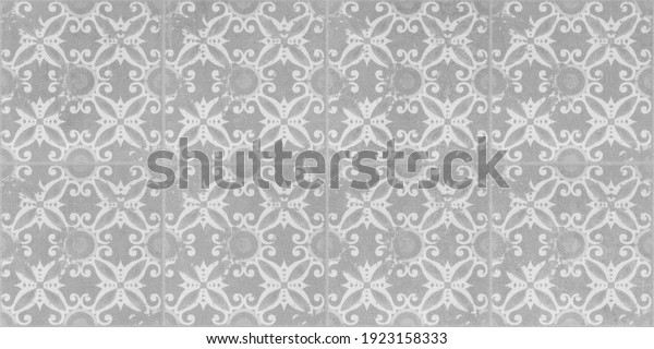 Seamless grunge gray white concrete stone cement\
square mosaic tile mirror texture background, with circle leaf\
flower motive\
print