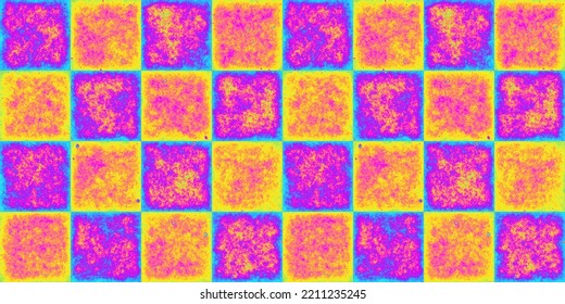 Seamless grungy psychedelic rainbow heatmap checker chessboard background texture  Trendy 80s pink   yellow abstract dopamine dressing fashion motif  Bright colorful neon wallpaper pattern 