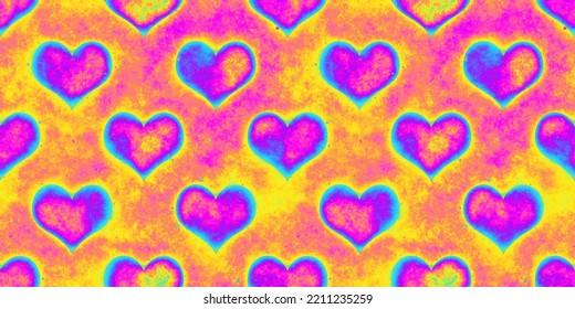 Seamless grungy psychedelic rainbow heatmap hearts background texture  Trendy 80s pink   yellow abstract dopamine dressing love valentines day fashion motif colorful neon wallpaper pattern 