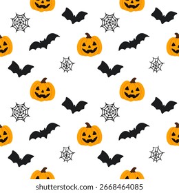 Seamless Halloween pattern with cute jack-o’-lantern pumpkins, flying bats, and spider webs on white background. Fun and spooky design for festive decorations, wrapping paper, fabric, and digital use.