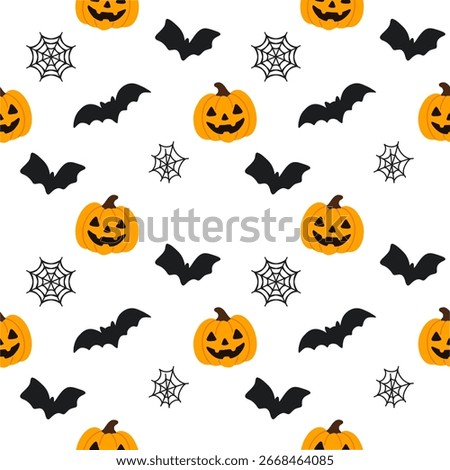 Seamless Halloween pattern with cute jack-o’-lantern pumpkins, flying bats, and spider webs on white background. Fun and spooky design for festive decorations, wrapping paper, fabric, and digital use.