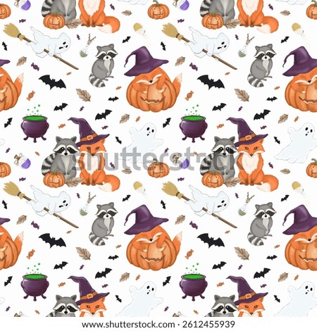 Seamless Halloween pattern featuring cute raccoons, foxes, ghosts, pumpkins, bats, candy, witch hats, potions, and autumn leaves. Hand-drawn in a whimsical cartoon style. Ideal for kids' designs, wrap