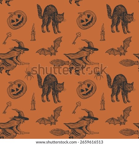 Seamless Halloween pattern featuring vintage-style engraved illustrations: witch, skull, pumpkin, cat, spider, key, candle, and moon. Hand-drawn on orange background. Ideal for retro holiday designs