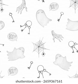 Seamless halloween pattern with ghosts, cobwebs and keys.