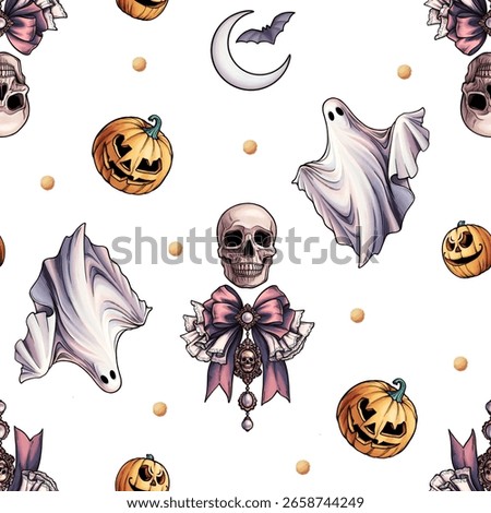 Seamless Halloween Pattern with Ghosts, Pumpkins, Bats, Trees and Witch Accessories on White Background