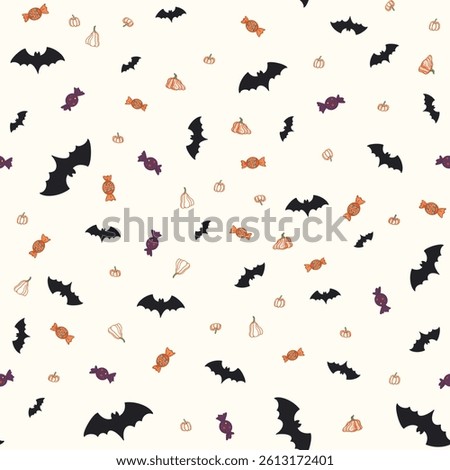 Seamless Halloween pattern with pumpkins, bats, candy. Hand-drawn, perfect for children’s Halloween designs