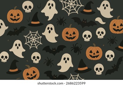 Seamless Halloween pattern with pumpkins, ghosts, bats, spider webs, and skulls on a dark background. Perfect for spooky season designs, fabrics, and festive decorations.