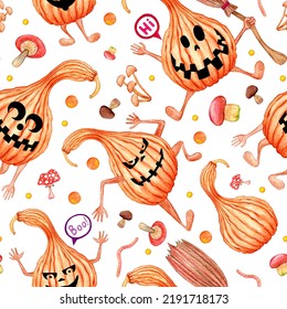 Seamless Halloween pattern  Pumpkins are scary   funny  Happy spooky holiday  Hand drawn watercolor   colored pencils illustration white background  Cartoon child character 