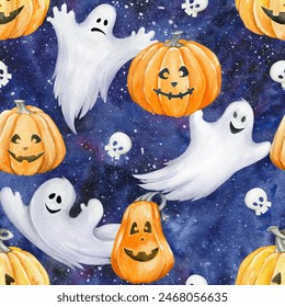 Seamless Halloween pattern with watercolor ghosts, pumpkins, and skulls against a starry night sky. Perfect for spooky holiday designs, seasonal decor, party invitations, and festive crafts - Powered by Shutterstock