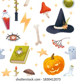 seamless Halloween pattern with witch attributes, pumpkin, hat, poison, mushrooms, magic book, stars, ghosts, bones, eye, magic wand