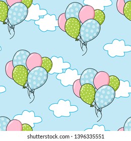 Seamless Hand Drawn Cartoon Pattern With Cute  Baloons And Cactus In Kids Colors. Funny Endless Texture With Doodle Childish Elements Blue Red Green On Blue Sky Background