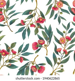 Seamless Hand Drawn Floral Repeat. Australian Pink Native Gum Nut Flower Eucalyptus Pattern