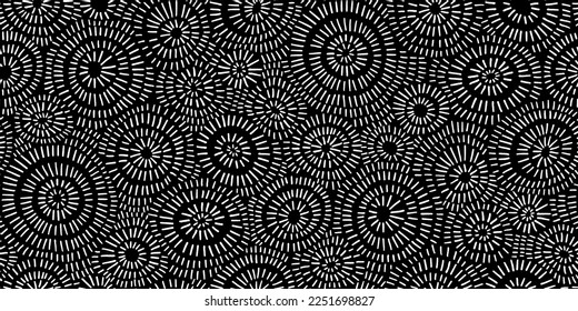 Seamless hand drawn geometric concentric circles pattern. Abstract barnacle or coral sea life motif white stripes on black background. Woodcut sun burst texture in a trendy doodle line art style
 - Powered by Shutterstock