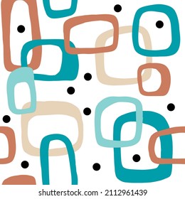 Seamless Hand Drawn Mid Century Modern Pattern In Beige Blue Turquoise Black White Colors. Retro Vintage 50s 60 Atomic Age Mcm Pattern With Abstract Geometric Round Oval Shapes For Textile Wallpaper.