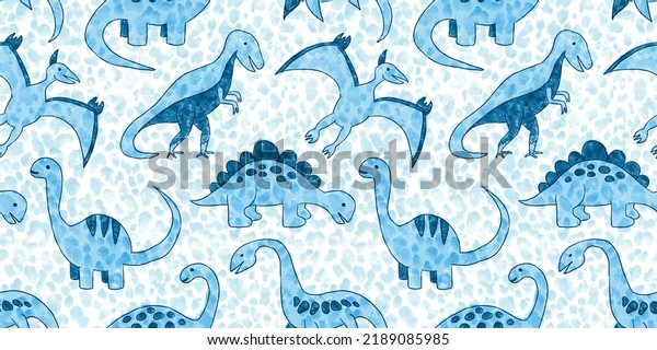 Seamless hand drawn pastel baby blue dinosaur pattern with polka dot leopard spots background. Kids watercolor and crayon art cartoon dino silhouettes. Boys baby shower or nursery wallpaper backdrop
