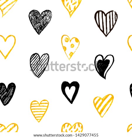 Seamless hand drawn pattern with golden and black hearts. Elegamt endless texture with doodle hearts on white background