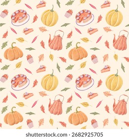 Seamless hand drawn pattern with pumpkin pie, cupcakes, gourds, teapot, autumn leaves. Seasonal repeatable design for Thanksgiving Day, harvest festival, fall holiday wrapping paper, kitchen textile.
