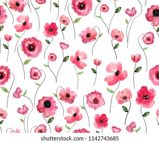 Seamless Hand Drawn Watercolor Poppy Pattern Isolated Background 