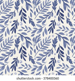 Seamless hand illustrated indigo floral pattern on paper texture. Watercolor botanical background
