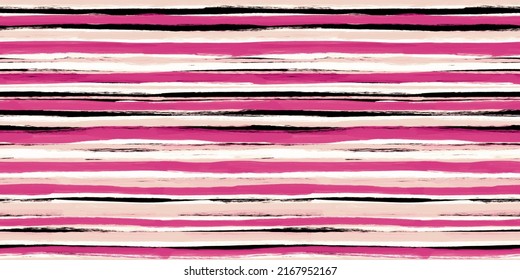 Seamless Hand Painted Playful Loose Horizontal Grunge Stripes Pattern In Hot Pink Black And White. Baby Girl Or Dopamine Dressing Style. High Resolution Tileable Fashion Textile Texture Background.
