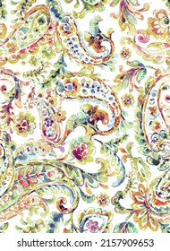 Seamless Hand Painted Watercolour 
 Multicolour Paisley Pattern