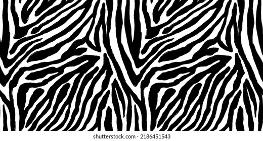 Seamless hand painted zebra skin stripe pattern. Tileable black and white african safari wildlife animal print background texture. Monochrome bold abstract wavy wonky jungle tiger lines motif.