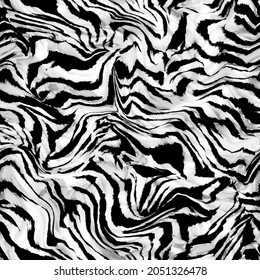 Seamless Hand Painting Abstract Liquify  Watercolor Zebra Tiger Stripes Pattern with Tie Dye Gradient Batik Black and White Background
