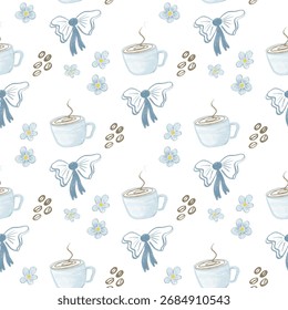 Seamless hand-drawn pattern with coffee cups, blue bows, delicate flowers, and coffee beans. Cute and cozy design in soft pastel colors on a white background. Perfect for café decor, coffee shop brand