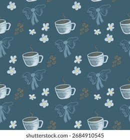 Seamless hand-drawn pattern with coffee cups, blue bows, delicate flowers, and coffee beans. Cute and cozy design in soft pastel colors on a white background. Perfect for café decor, coffee shop brand