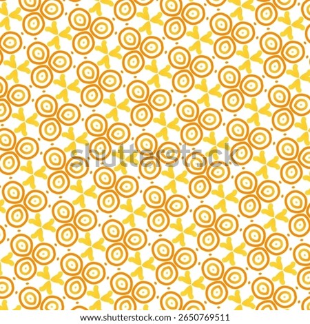 Seamless hand-drawn pattern featuring playful orange and yellow floral and leaf motifs on a white background. This retro-inspired geometric design is perfect for textile prints, wrapping paper