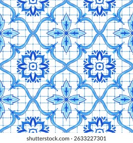Seamless hand-drawn tile pattern inspired by traditional Mediterranean and Portuguese azulejos. Blue and white ceramic design perfect for textiles, wallpaper, kitchen decor, and surface prints.