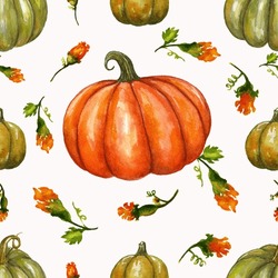 A Seamless Hand-painted Pattern With Watercolor Pumpkins And Blossoms, A Colorful Autumn Pattern With Green And Orange Squashes, A Vibrant Harvest Season Background 