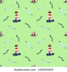 Seamless Handpainted Watercolor Pattern With Lighthouses, Gulls, Anchor, Decorative Waves, Life Saver On The Light Background. 
Good For Designing Packaging, Textiles, Covers.