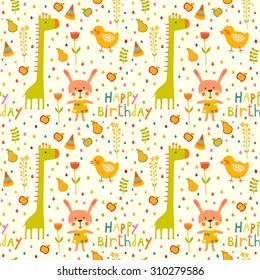 Seamless Happy Birthday Baby Background With Cat, Chicken And Giraffe On White