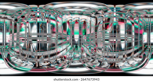Seamless HDRI environment featuring reflective glass columns with chromatic lighting effects. Perfect for futuristic 3D renders, VFX, and architectural visualizations in virtual scenes