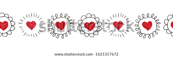 Seamless\
Hearts border. Repeating doodle heart shapes pattern. Black doodle\
circles on white background. Repeating Valentines design. Sketch\
scribble hearts. Use for banner, trim,\
ribbon