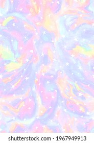 Seamless holographic watercolour print in pink, lilac, purple, blue, yellow, green and orange pastel tones. Marble psychedelic tie dye effect, with stars and tiny hearts like a beautiful girlie galaxy